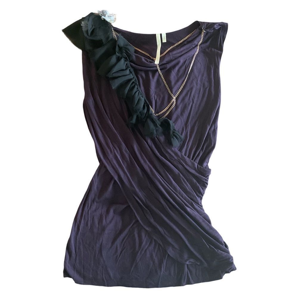 RACHEL ROY Draped Top with Cascade Ruffle Flowers & Rose Gold Metallic Chain